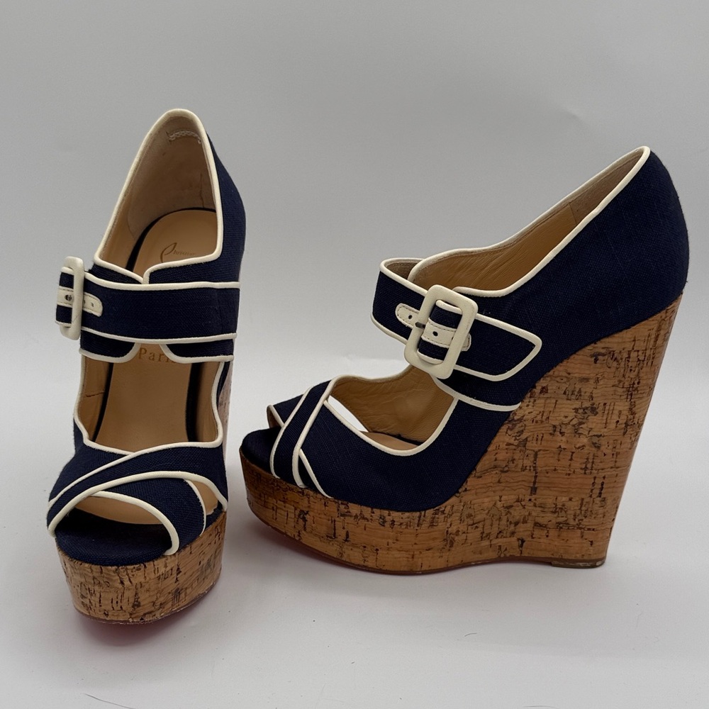Christian Louboutin Navy and Cream Platform Cork Wedges